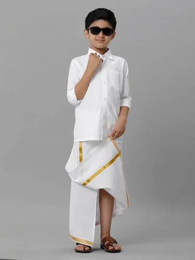 Boys White Full Sleeves Shirt With Dhoti Set