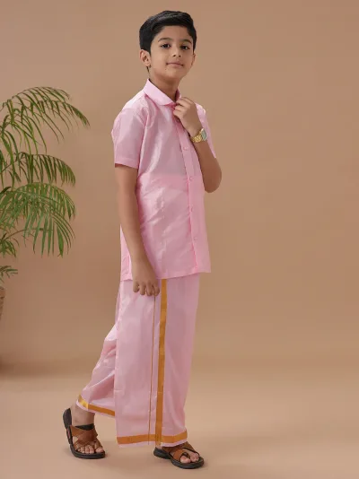Boys Art silk Shirt & Dhoti Set Petal Pink