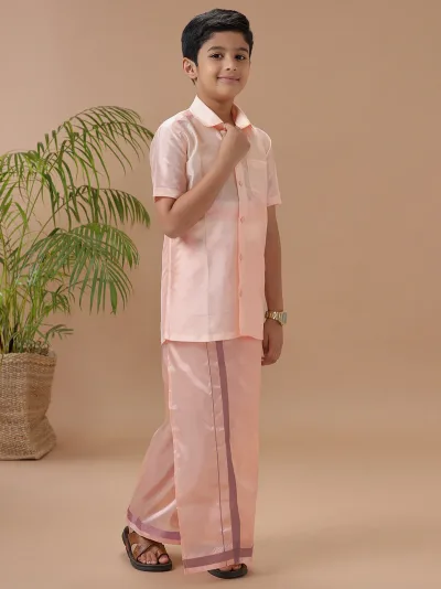 Boys Art silk Shirt & Dhoti Set Coral Pink