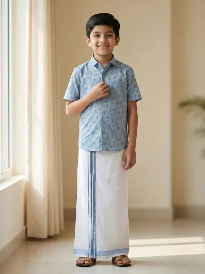 Boys Teal Blue Matching Border Dhoti With Printed Shirt Set Fusion PS27