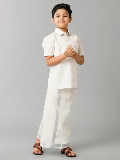 Boys Tissue Jari Half Sleeve Shirt Dhoti Set Sankalpam Silver