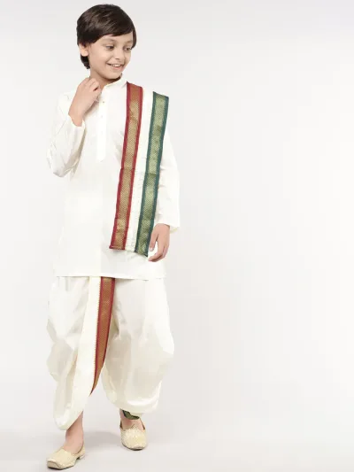 Boys Art Silk Cream Kurta Panchakacham Set