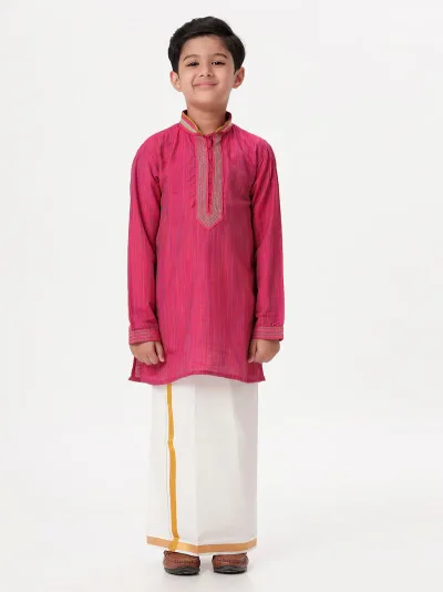 Boys Emerald Full Sleeves Dark Pink Kurta with Dhoti Combo