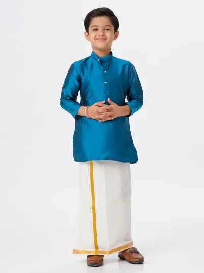 Boys Silk Cotton Full Sleeves Ramar Blue Kurta with Gold Jari Dhoti Combo
