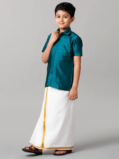 Boys Ramar Green Half Sleeves Shirt with White Dhoti Combo K3