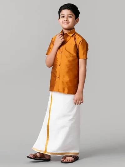 Boys Mustard Half Sleeves Shirt with White Dhoti Combo K37