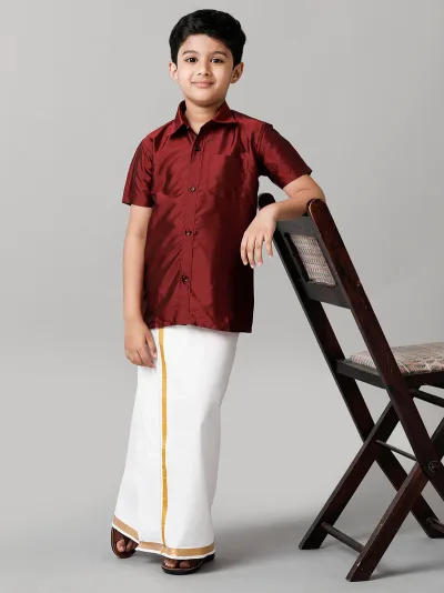 Boys Maroon Half Sleeves Shirt with White Dhoti Combo K7