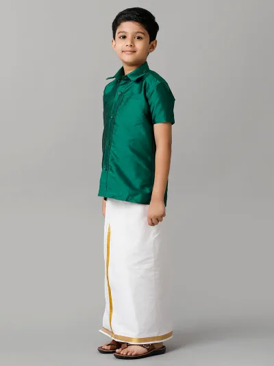 Boys Green Half Sleeves Shirt with White Dhoti Combo K9