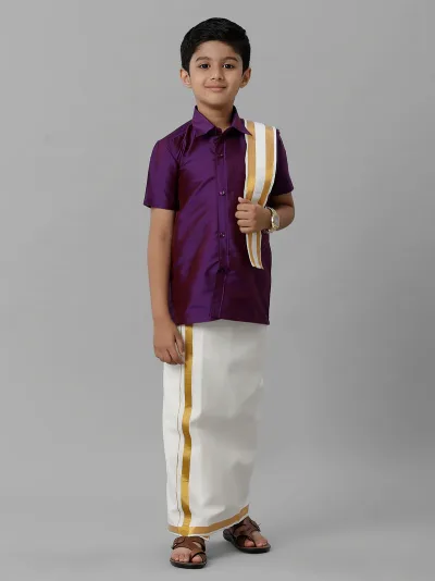 Boys Violet Half Sleeves Shirt with Cream Dhoti Towel Combo K21