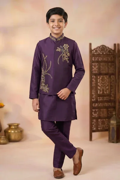Boys Wine Kurta Set with Embroidered Nehru Jacket