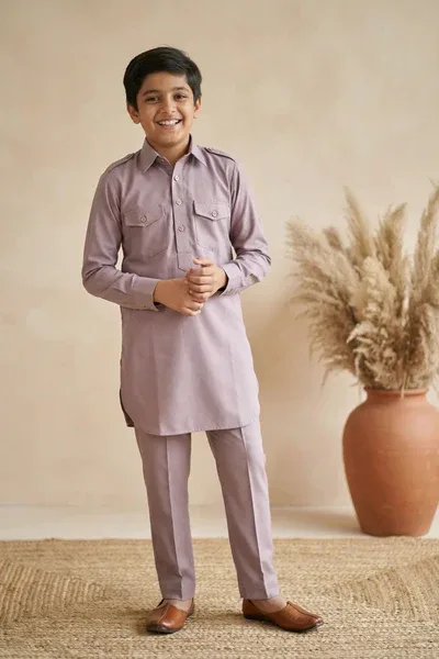 Mauve Pathani Set With Shirt Collar Design For Boys