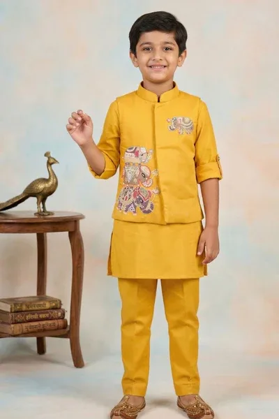 Boys Mustard Yellow Kurta Set with Elephant Embroidered Nehru Jacket