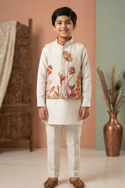 Boys Beige Kurta Pajama Set with Floral Printed Nehru Jacket