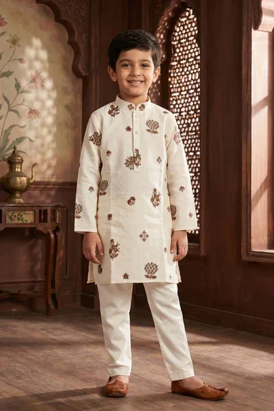 Cream Embroidered Kurta Pyjama Set For Boys