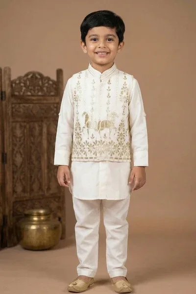 Ivory Kurta Pyjama Set With Embroidered Nehru Jacket For Boys