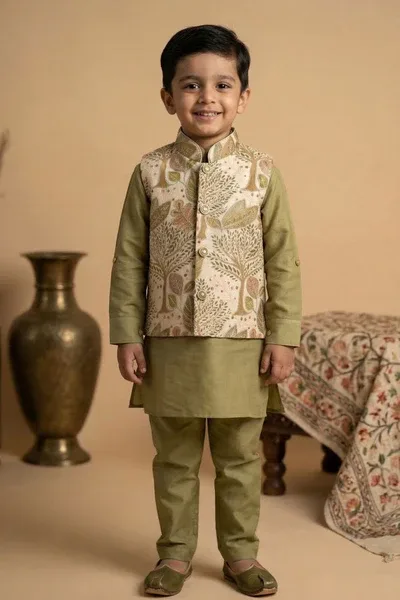 Olive Green Kurta Pyjama Set With Embroidered Nehru Jacket For Boys