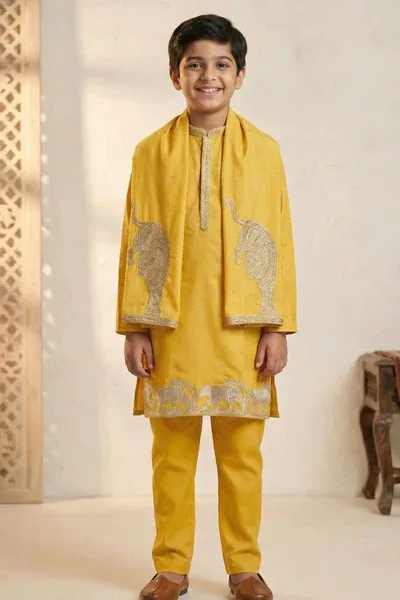 Boys Yellow Kurta Pajama Set With Golden Zari Embroidery And Shawl