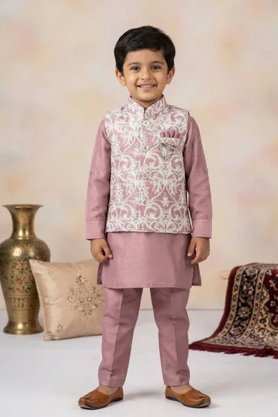 Onion Pink Kurta Pyjama Set With Embroidered Nehru Jacket For Boys