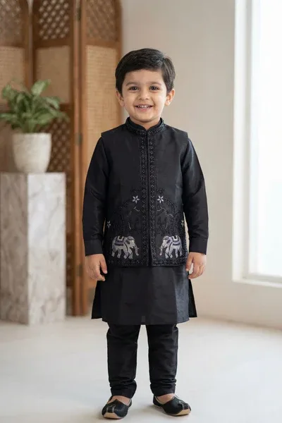Royal Black Elephant Embroidered Jacket Kurta Set For Boys