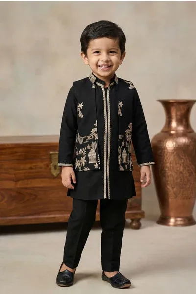 Black Heritage Embroidered Kurta Set with Jacket For Boys