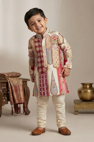 Ivory Mirror Embroidered Kurta Set With Pajama For Boys