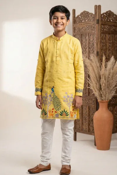 Mustard Yellow Peacock Printed Kurta Pyjama Set For Boys