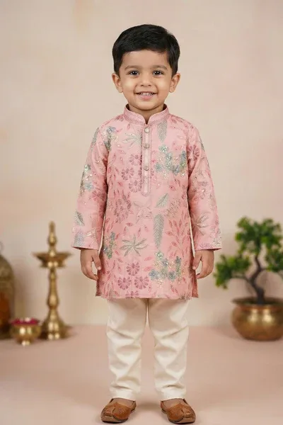 Boys Green Floral Embroidered Kurta Set with Cream Pyjama