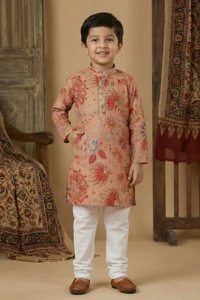Peach  Floral Printed Kurta Set With Pajama For Boys