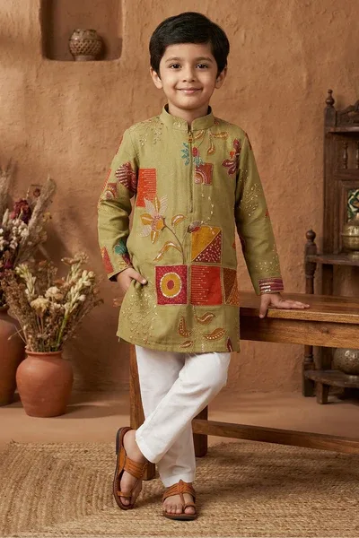 Olive Green Embroidered Patchwork Kurta Set For Boys