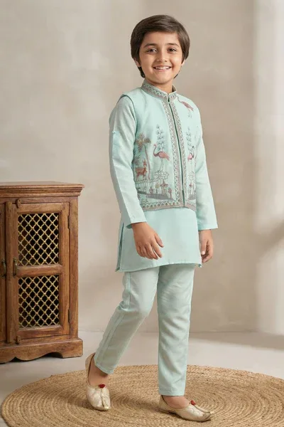 Firozi Embroidered Kurta Set with Nehru Jacket For Boys