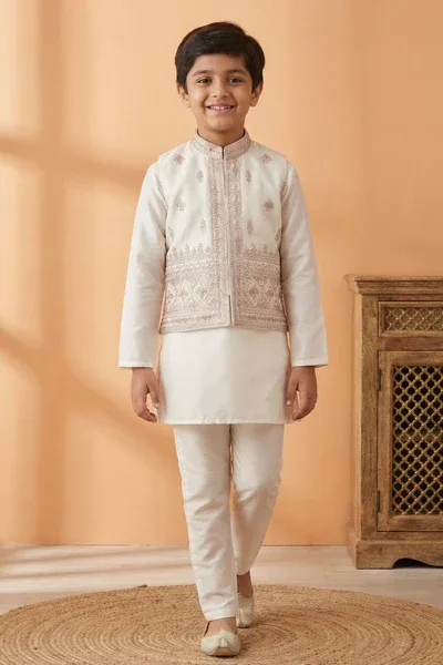 Cream Embroidered Kurta Set with Nehru Jacket For Boys