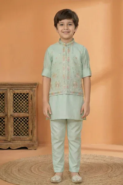 Pista Embroidered Kurta Set with Nehru Jacket For Boys