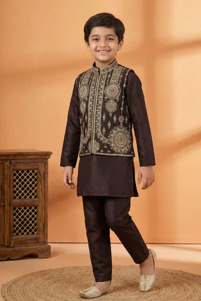Wine Embroidered Kurta Set with Nehru Jacket For Boys