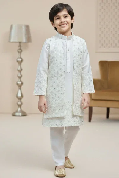 Cream Sequins Embroidered Kurta Pajama Set with Ethnic Jacket for Boys