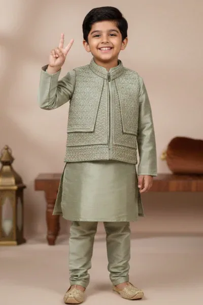 Pista Green Embroidered Kurta Pajama Set with Ethnic Jacket for Boys