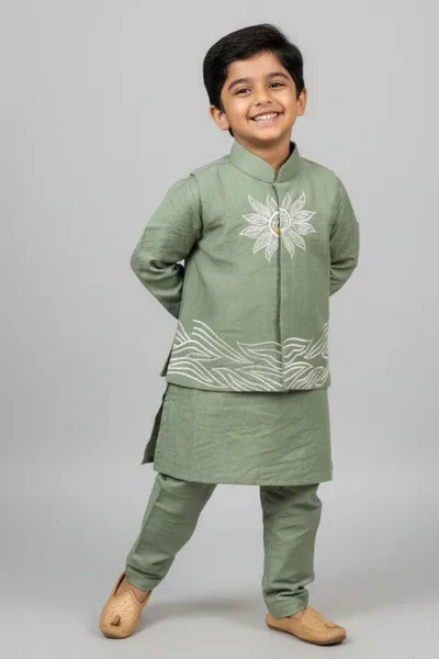 Pista Green Kurta with Embroidered Waist-coat For Boys