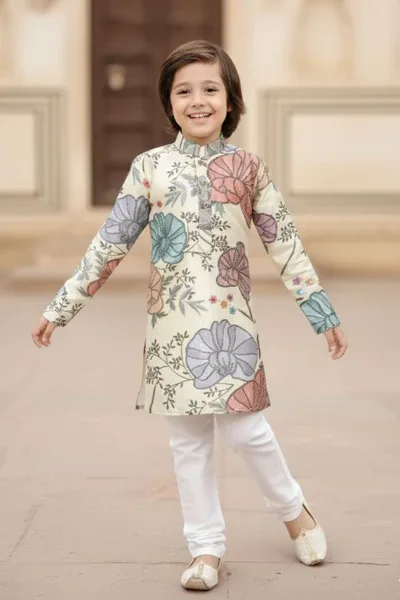 Cream Multicolor Floral Printed Kurta with White Pajama For Boys