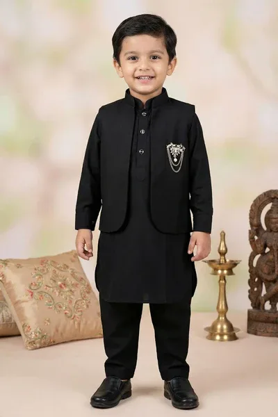 Boys Black Kurta Pajama Set with Nehru Jacket