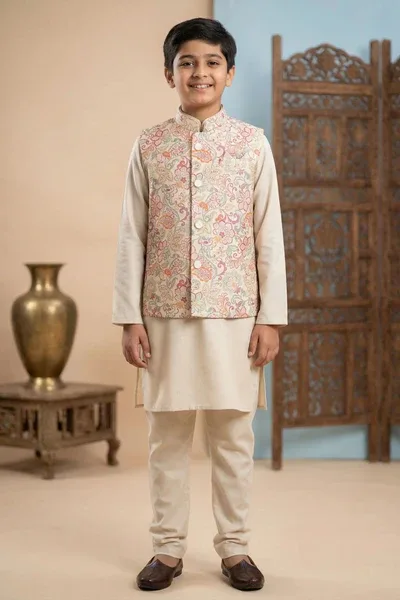 Boys Cream Kurta Set with Floral Printed Nehru Jacket