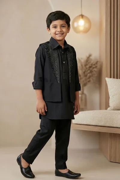 Boys Black Embellished Kurta Set with Jacket