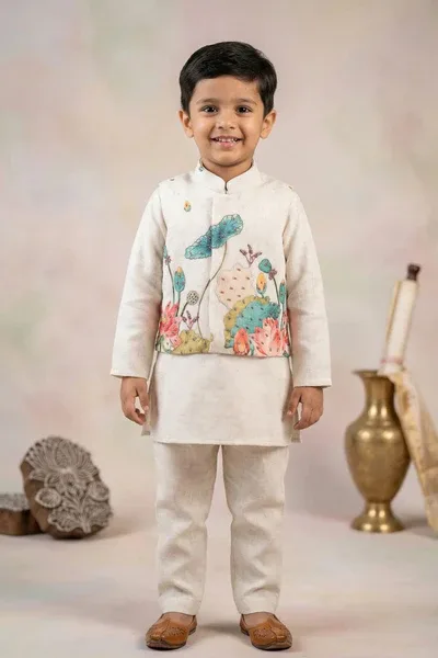 Navy Blue Embroidered Linen Kurta Set For Boys