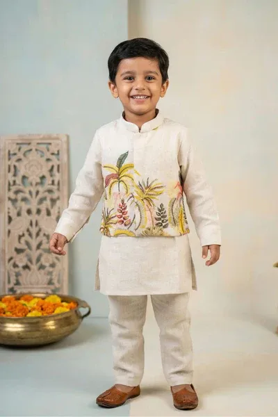 Beige Kurta Set With Floral Printed Nehru Jacket For Boys