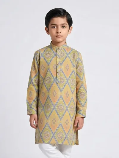 Peach and green printed cotton silk kurta