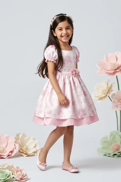 Light Pink Floral Party Dress with Puff Sleeves F595
