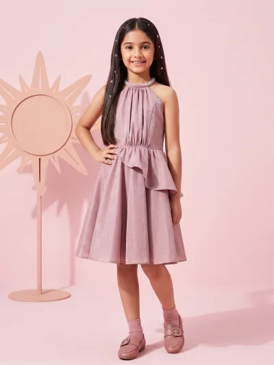 Onion Pink Satin Party Dress with Halter Neck & Flare Skirt F582