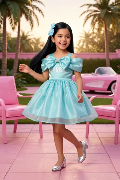 Barbie Satin Turquoise Green Party Dress BAF259