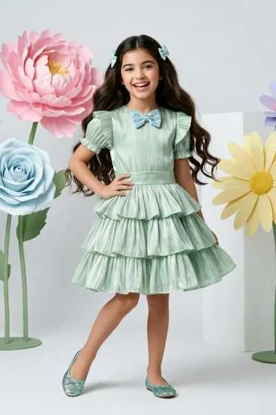 Pista Green Layered Party Dress with Bow F579