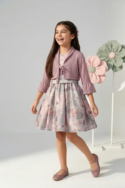 Pink Floral Dress with Matching Shrug F611