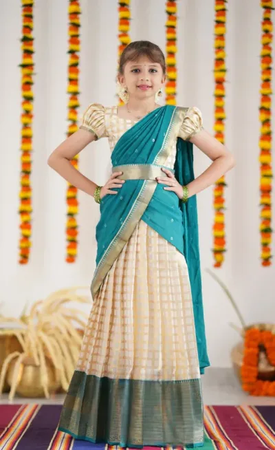 Kumaari Half Saree - Off white and Teal