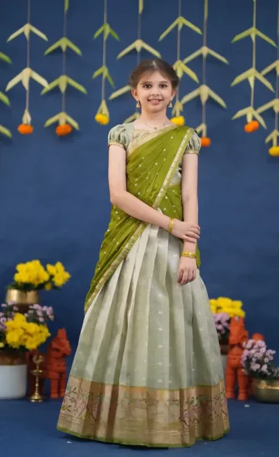 Kumaari Pastel Green and Dark Pista Green Paithani Kota Halfsaree